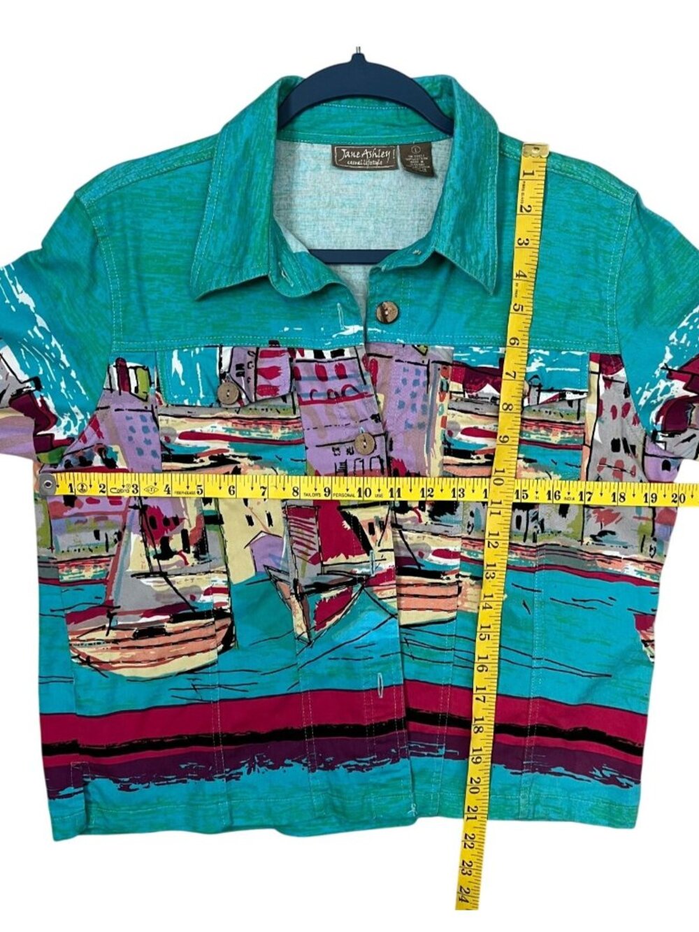 Jane Ashley Teal Green Mediterranean Harbor Print Jacket L - Picture 6 of 6